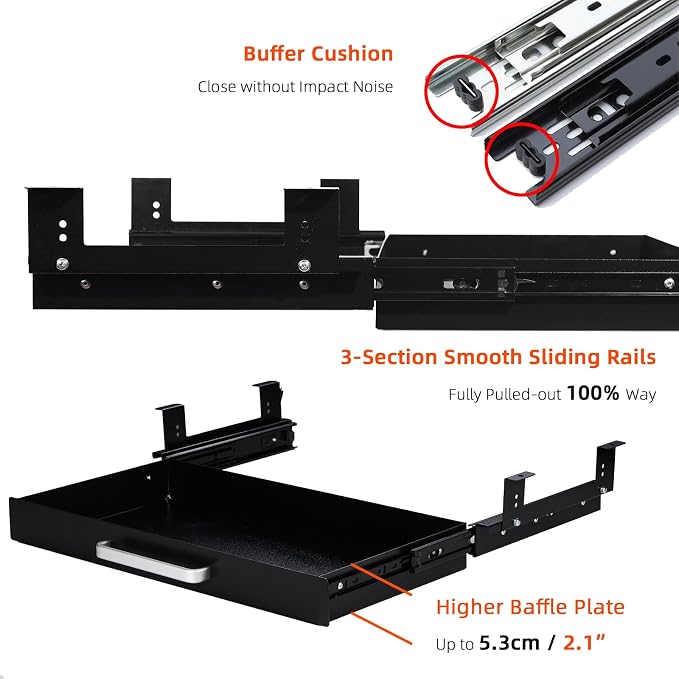 Under Desk Drawer Organizer 21", Large Desk Pencil Storage Drawer | Black, Under Cabinet Table, Heavy Duty Pull Out Shelf, Attachable for Workbench, Adjustable Brackets, Work Shop, Desk Lip
