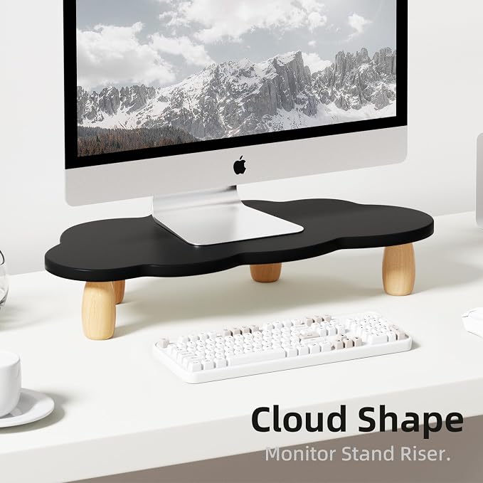 AFOOYO Monitor Stand Riser,Cloud Shape Wood Computer Monitor Stand, 16.5IN Monitor Stand Riser, Multi-Purpose Desktop Organizer Riser for Computer,Laptop,Printer,TV,Black