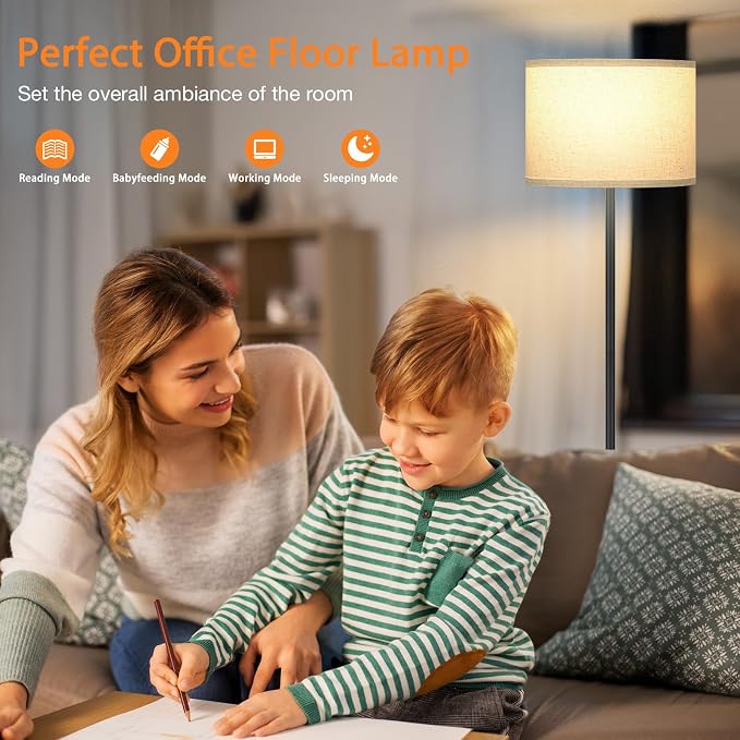 60'' Modern Floor Lamp with Remote, Tall Lamps for Living Room, Bedroom, Office, Dining Room, Beige Shade with Black Pole(Included Bulb)