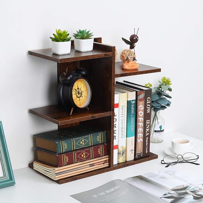 Wood Desktop Shelf Small Bookshelf Desk Supplies Organizers and Accessories Storage Display Rack Office Decor for Women, Antique Brown