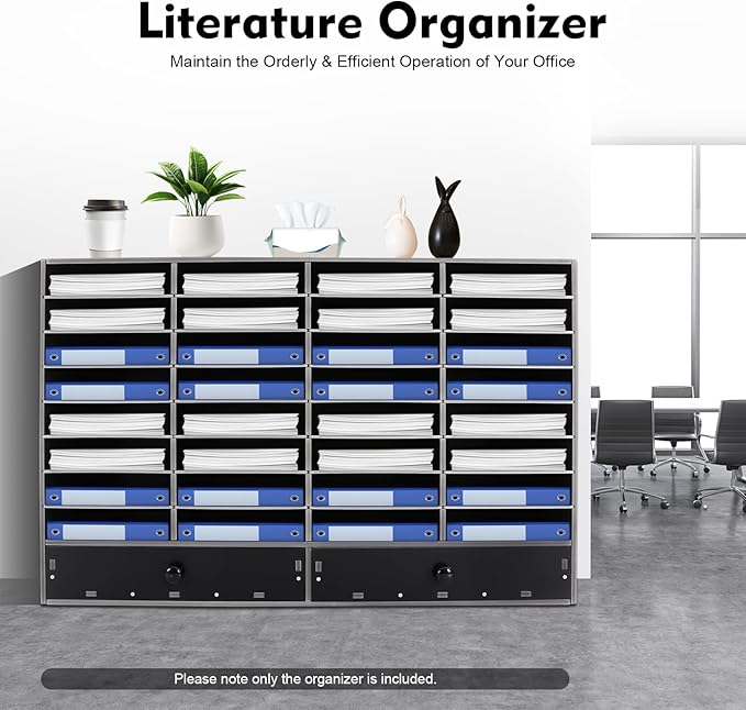 Fifizoo Literature Organizer with 32 Compartments | Adjustable Desktop File Sorter Mail Center for Home, Office & Classroom | PVC Paper Storage Cabinet with 2 Drawers and Shelves, Black