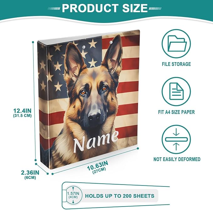 Custom 3 Ring Binder Dog German Shepherd American Flag 1.5" Round Ring Binders Personalized Name View Binder with 200 Sheet for Kids School Supplies Women Men Office, 1 Pack
