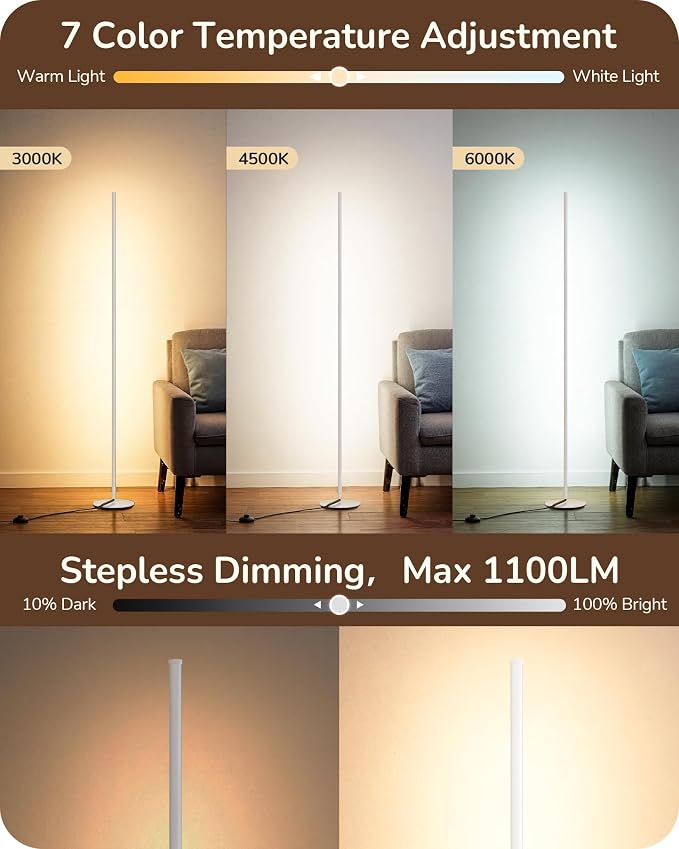 EDISHINE 57.5" Corner Lamp with Remote & Foot Switch, Dimmable & 7 CCT | 2700-6000K, Tall Corner Lamp for Bedrooms, Living Rooms, Offices , Sturdy Base, Silver
