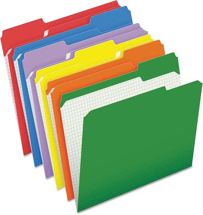 Pendaflex Colored File Folders, Letter Size, 1/3 Cut Tab, Assorted | Reverse any folder and the printed interior grid becomes a writing panel. Reinforced tabs, 100 per box, made in the USA.