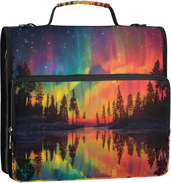 3 Ring Zipper Binder with Shoulder Strap Aurora Borealis Rainbow Tree 1.5 inch Binders Keeper Large Capacity Multi Pockets for School Office Supplies
