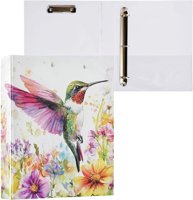 Colorful Hummingbird Floral Watercolor 3 Ring Binder with Clipboard&2 Pockets 1.5" Large Heavy Duty Binders Decorative D-Ring Binder Flexible Hardcover Binders, Holds 200 Sheets-2 Pack