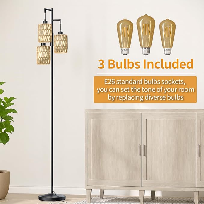 70" Floor Lamps for Living Room, Stepless Dimmable Boho Floor Lamp with 3 Bulbs, Tall Farmhouse Industrial Corner Standing Tree Lamp for Bedroom, Office, Study Room, Rattan with Linen Shade