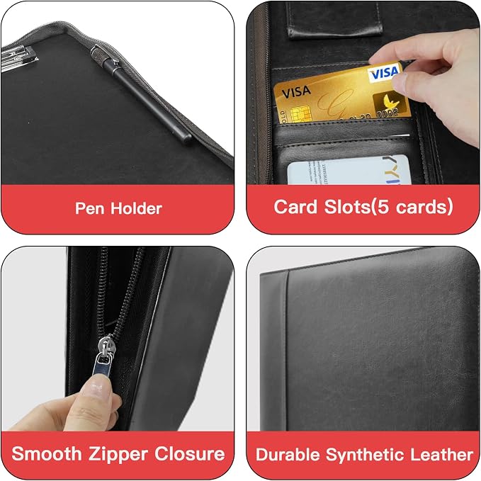 WRIYES Zippered Portfolio Organizer with 3 Ring Binder, Black | Leather Padfolio, Professional Business Binder, Organizer for iPad/Document, Phone & Business Cards