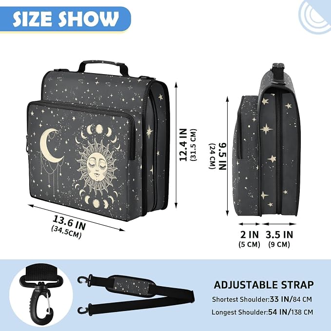 Tarot Sun Moon Goth Zipper Binder File Organizer Bag 3 D-Ring | with Shoulder Strap, Holds 500 Sheets & 14in Laptop, 3 Ring Binder for Office Supplies