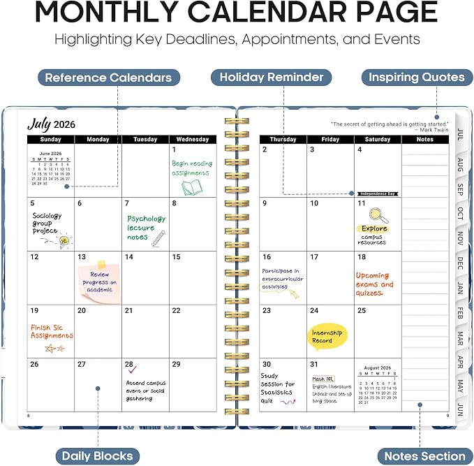 Taja Planner 2026-2027, Jul 2026-Jun 2027 Monthly & Weekly Calendar Planner | 6.3" x 8.5", Hardcover Academic Calendar, Teacher Student Agenda Book with Tabs, School Office Supplies, Blue Art