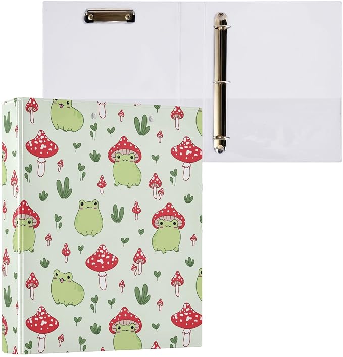 Cute Mushroom Frog Kawaii Frog Binder 1.5 Inch Binder with Clipboard&Pockets, Hardcover Binders 3 Ring, Heavy Duty Large File Folder for Office School Supplies - Holds 200 Sheets
