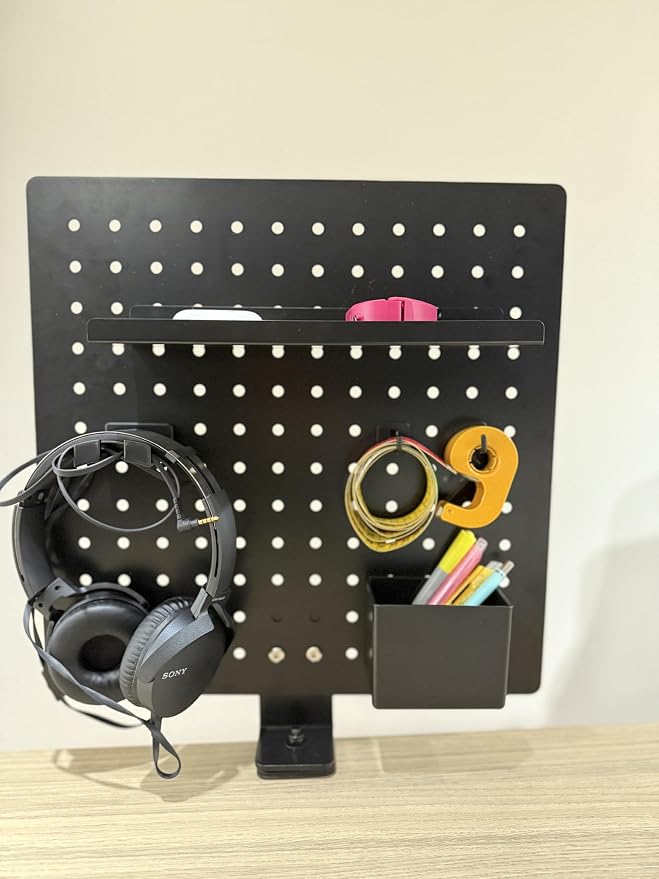 Steel Metal Clamp-on Desk Pegboard 16 x 16 Inch Privacy Panel, 360 Degree Rotation, Desktop Organizer, Black Desk Organizer Office Desk Accessories Peg Board with Hooks Office Organization Decor