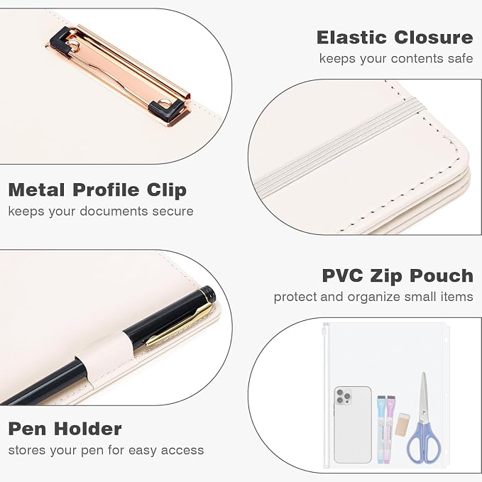 Eyrozill Professional Leather Binder Portfolio with Clipboard, Zipper Pouch, 5 Sheets Plastic Dividers，Leather 3 Ring Binder 8.5 x 11, 1-inch Round Rings, Professional Binder Organizer, Beige