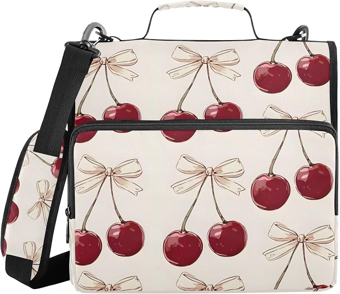 Cherry Pink Bow Cherries Zipper Binder Bag 3 Ring Binder with Shoulder Strap Zip Up 500 Sheets Capacity Multi Pockets for School Office Supplies