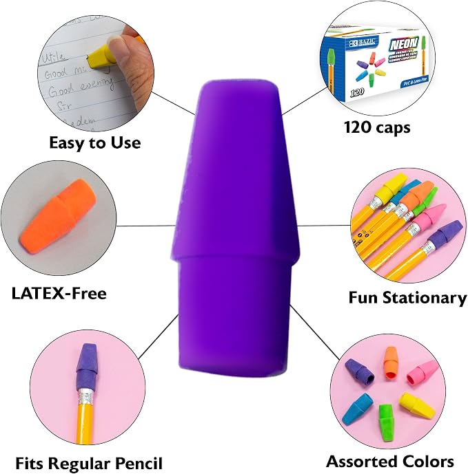 BAZIC Products Neon Pencil-Top Eraser Caps, Latex-Free, PVC-Free, 12-Box