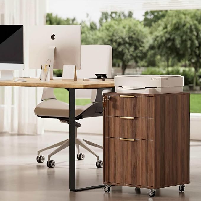 3 Drawers Fluted Mobile File Cabinet with Lock, Rolling File Cabinet Printer Stand Table, Under Desk Wooden Filing Cabinets for Home Office Essentials Storage Organization Furniture Letters/A4(Walnut)