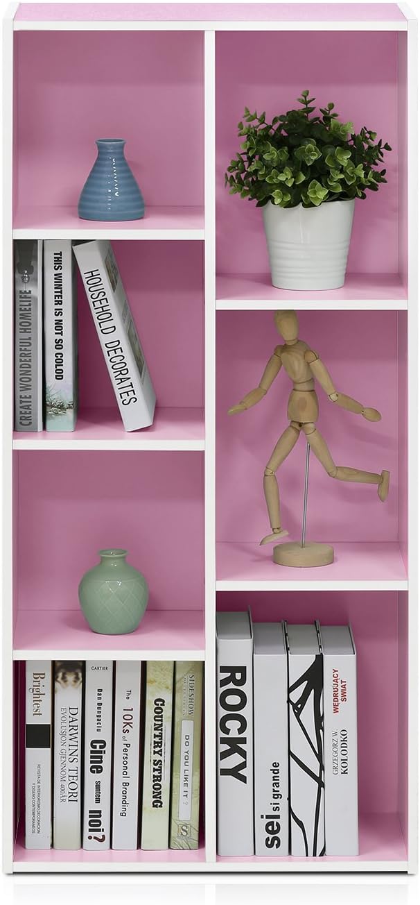 Furinno LUDER Book Shelf, 7-Cube Bookshelf, Bookcase with Open Shelves, 9.4 x 19.5 x 41.7, Easy Assembly, for Living Room, Bedroom, Home Office, White/Pink