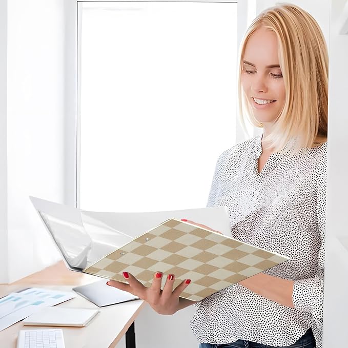 3 Ring Binder with Checkered Beige Design - 1.5 Inch Heavy Duty Three-Ring Binder with 2 Pockets, Round Rings for Office Supplies (Letter Size)