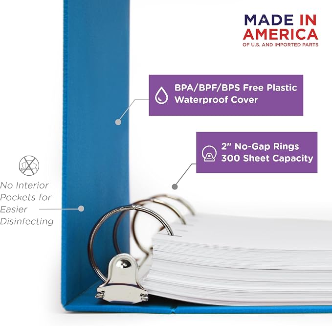 Carstens 2-Inch Heavy Duty 3-Ring Binder - Side Opening, Pool Blue, Durable Plastic, Precision No-Gap Rings, Waterproof Covers, No Pockets, Holds 300 US Letter Sheets, BPA-Free, Made in USA (5828-3R)