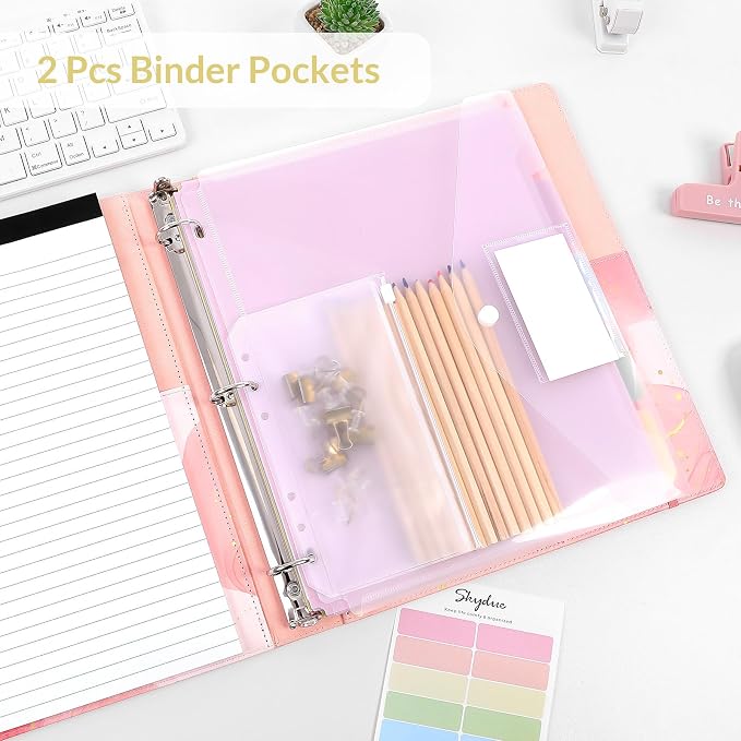 SKYDUE 1 Inch 3-Ring Binder with Clipboard, PU Binder with 5 Dividers, Notepad, Stickers & Pockets for Work and School - Aesthetic Binder (Letter Size)