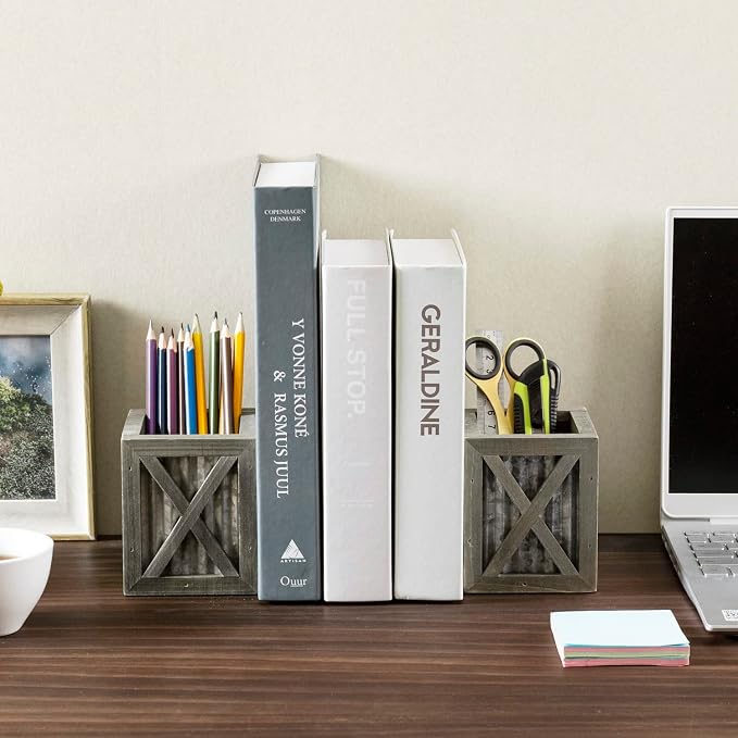 MyGift Gray Wood Bookends with Pen Holder, Galvanized Metal Accent | Integrated storage compartments organize writing utensils and office supplies while supporting books on desks, shelves