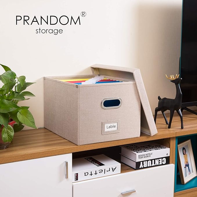 PRANDOM File Organizer Box - Set of 2 Collapsible Decorative Linen Filing Storage Hanging File Folders with Lids Office Cabinet Letter/Legal Size Light Grey (17x14x11.2 inch)