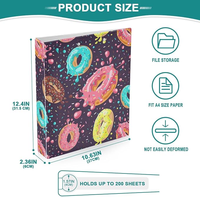 3 Ring Binder Donuts Colored Glaze Sprinkles 1.5 Inch Three Ring Binder