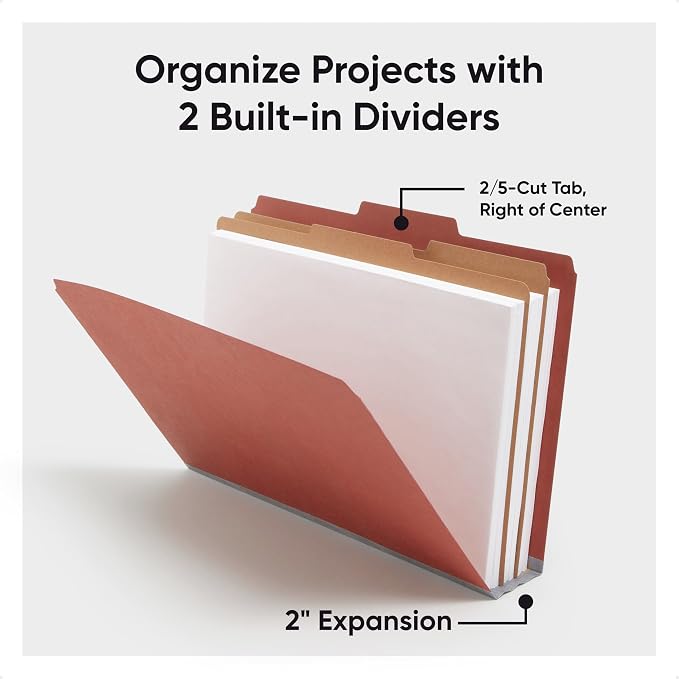 Smead Pressboard Legal Size File Folders with SafeSHIELD Fasteners, 2 Dividers, 2" Expansion, Office Folders, Paper Holder, Red, 10 per Box (19075)