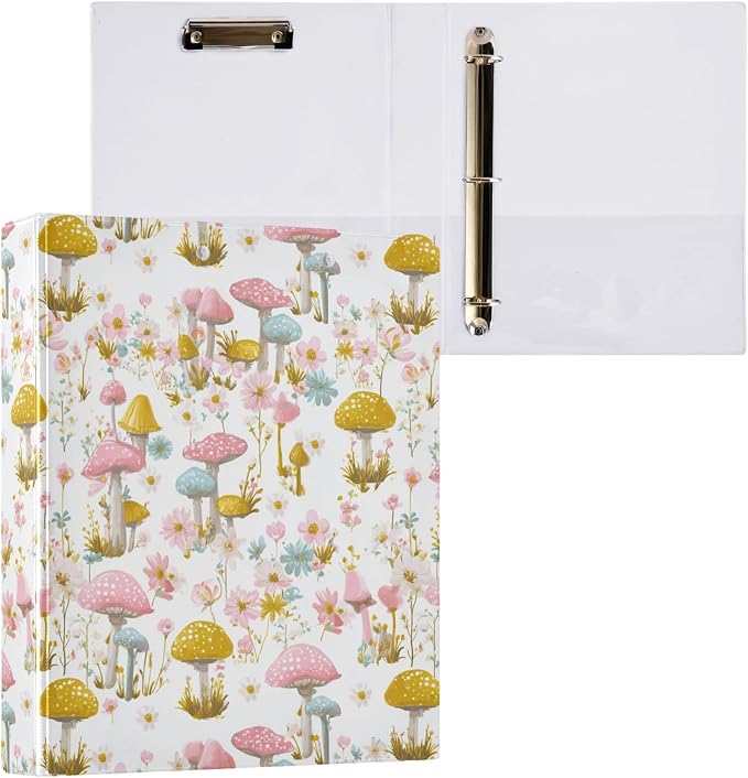 Mushroom Round Ring Binders 1.5 Inch Butterfly Snail Dragonfly Daisy Flowers 3 Ring Clipboard Binder for Office School Work Supplies File Folder Document 200 Sheet Capacity Easy Open 2 Pieces
