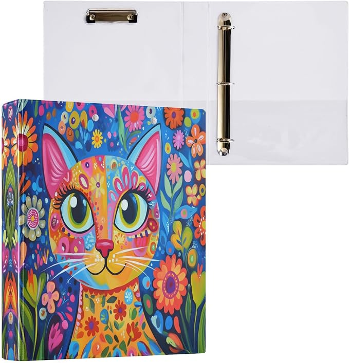 3 Ring Binder Colorful Cat Whimsical Style 1.5" Round Ring Binders View Binder with 200 Sheet for Kids School Supplies Women Men Office, 1 Pack