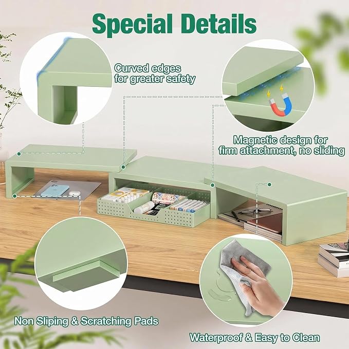 Dual Computer Monitor Stand Riser, Desk Organizer with Drawer, Office Desk Accessories & Workspace Organizers for Home Office Supplies, Green