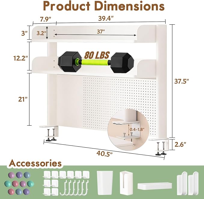 Clamp On Desk Shelf Organizer with Pegboard Desk Hutch Dorm with Storage Bookshelf Desk Top Organizer Shelf Multi-Purpose White & Black Desktop Shelves & Office Shelves(White, W - 39.4")