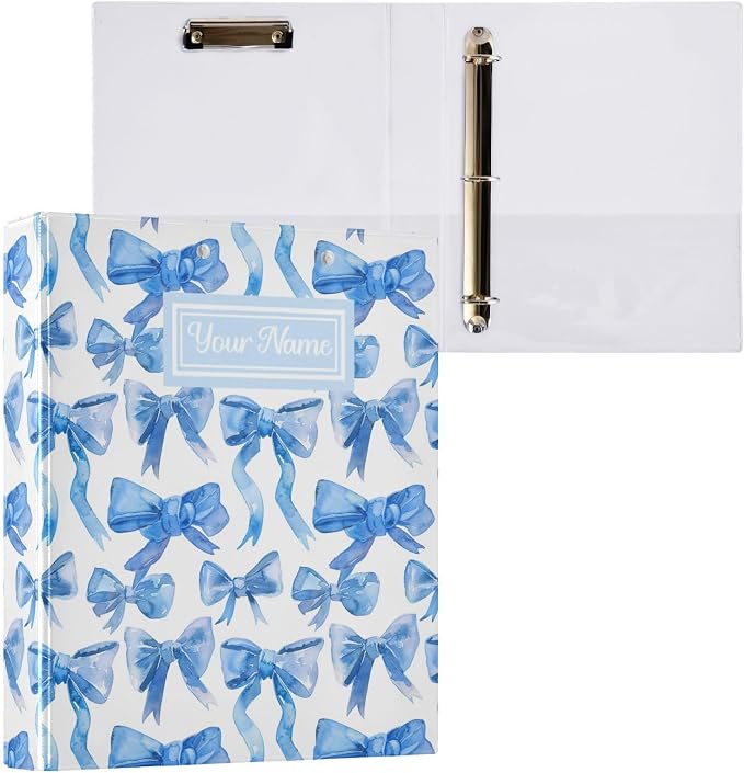 Custom Blue Ribbon Bows Personalized 3 Round Ring Binders | 1.5 Inch Binder with Clipboard, PVC Pockets, Work Organizer, Holds 200 Sheets for School Office 1 Pack