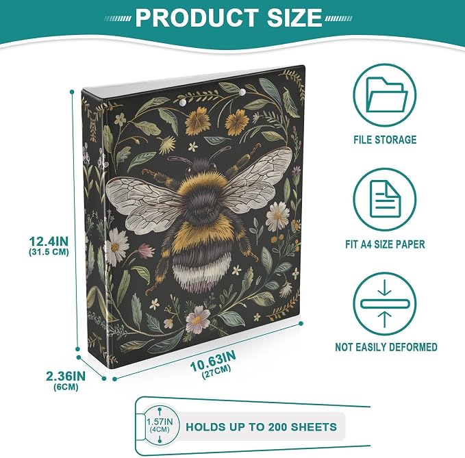 3 Ring Binder Bee Wildflowers 1.5 Inch Three Ring Binder | Cute Binder with 3 Storage Pockets for Women School Office Supplies