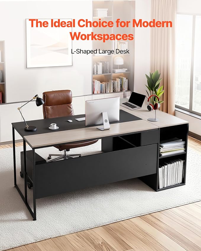 VEVOR 71" L-Shaped Executive Desk, Large Computer Desk with Drawers, File Storage Cabinet, CPU Stand, 350 LBS Load Capacity Corner Table, Easy Assembly, for Work Study