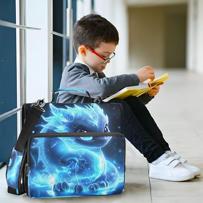 3 D-Ring Zipper Binder Bag, Cute Blue Glowing Dragon Removable Binder with Zipper Case Hold 300+ Sheets& 13 Inch Laptop for School Office Supplies Organizer