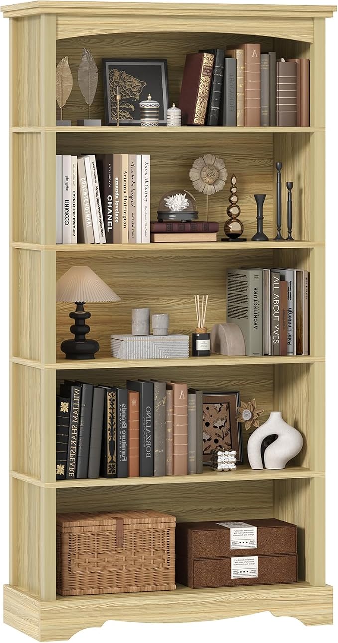 TVU 5-Tier Wooden Bookshelf, 65 Inch Tall Bookshelf with Storage, Floor Standing Modern Style Display Bookcase for Living Room, Office, Study Room, Entryway, Natural Wood Color