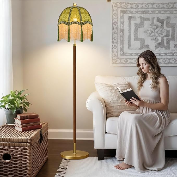 Wood Floor Lamps for Living Room Vintage Floor Lamp with Remote Control & 3 Color Temperature,Dimmable Floor Lamp Mid Century Modern Standing Lamp Green Fringe Tall Floor Lamp for Bedroom Corner