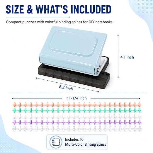 10 Hole Punch Binding Machine Kit for Planner (Blue) with 10 Multi-Color Spiral Coils, Adjustable A4 A5 B5 Paper Puncher, DIY Notebook Scrapbook Maker for Home Office School Organization
