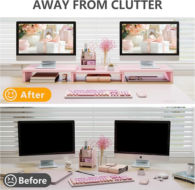 TAVR Dual Monitor Stand Riser, Wooden Computer Monitor Stand for 2 Monitors | Extra Long Multifunctional Desktop Organizer Riser for TV, PC Monitor, Laptop, Printer, Max 43.3" Length, Pink