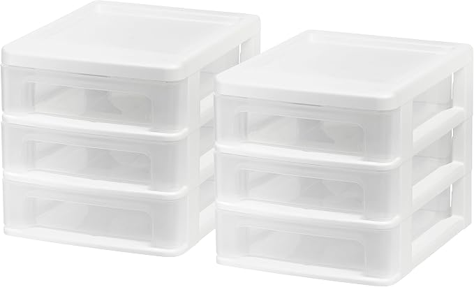 IRIS USA 2-Pack, 3-Drawer Small Plastic Stacking Desktop Organizer, White | Organize office supplies, stationery, makeup, craft materials and everyday essentials for neat desktop storage