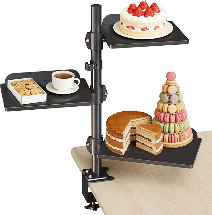 3 Tier Clamp on Desk Shelf, 360° Rotatable Desk Riser, Black | Height Adjustable Desktop Storage Tray with Baffle, Over or Under Desk Organizer Shelf for Office Accessories