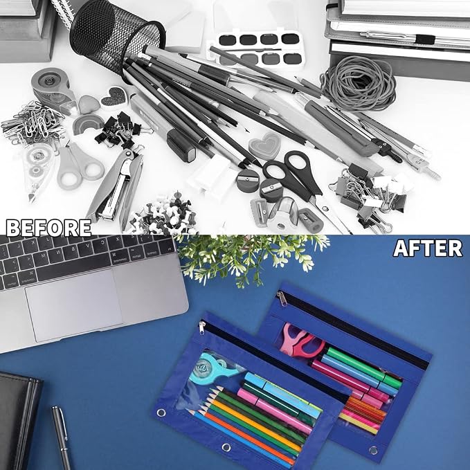 YoeeJob 36 Pack Zipper Pencil Pouch for 3 Ring Binder with Clear Window for School and Office Supplies (Blue)