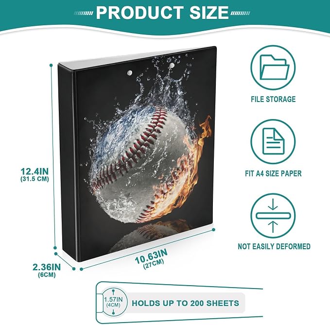 Fire&Water Baseball Sport Theme Binder 3 Ring 1.5 Inch Binder with Clipboard&Pockets, Hardcover Binders Heavy Duty Large File Folder for Office School Supplies - Holds 200 Sheets