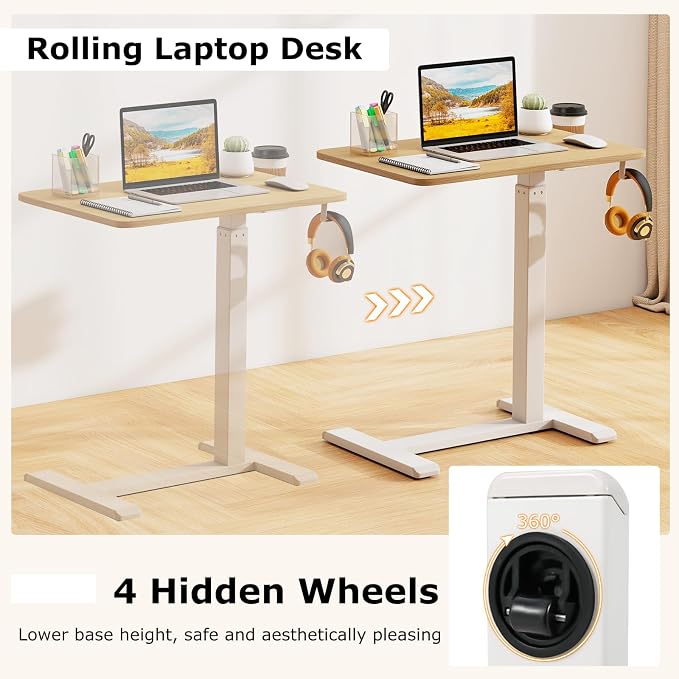 Tangkula Mobile Standing Desk, Pneumatic Height Adjustable Rolling Desk with Cup Holder & Headphone Hook, Overbed Table with Hidden Wheels, Laptop Computer Cart for Couch, Home, Office (Natural)