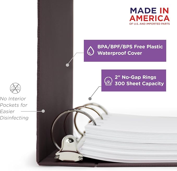 Carstens 2-Inch Heavy Duty 3-Ring Binder - Top Opening, Plum, Durable Plastic, Precision No-Gap Rings, Waterproof Cover, No Pockets, Holds 300 US Letter Sheets, BPA-Free, Made in USA (5873-3R)