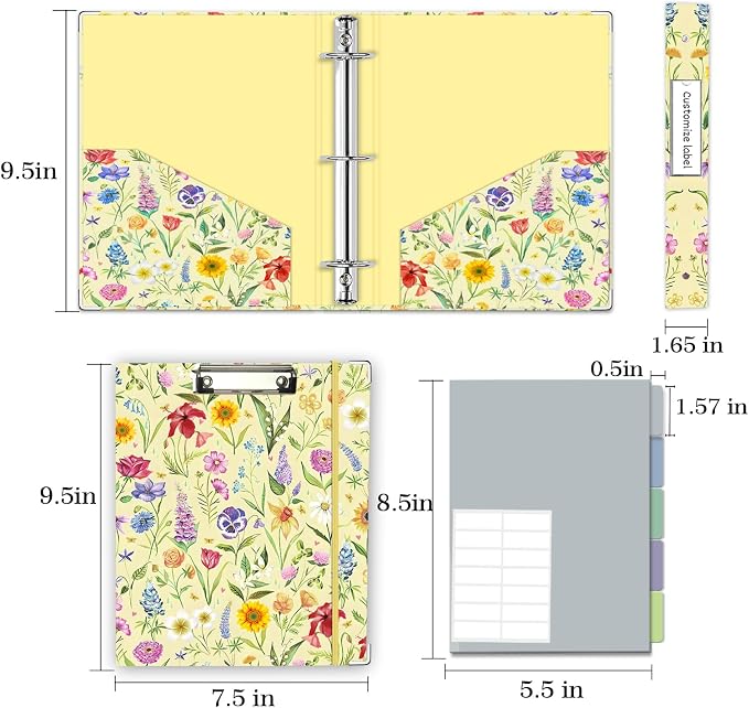 Mini Binder Organizer，1 Inch 3 Ring Binder with Clipboard, 5-Tabs Pockets Dividers, Plastic Folder, 18 Divider Stikers, Pen Loop (Garden Party, 5.5" x 8.5")