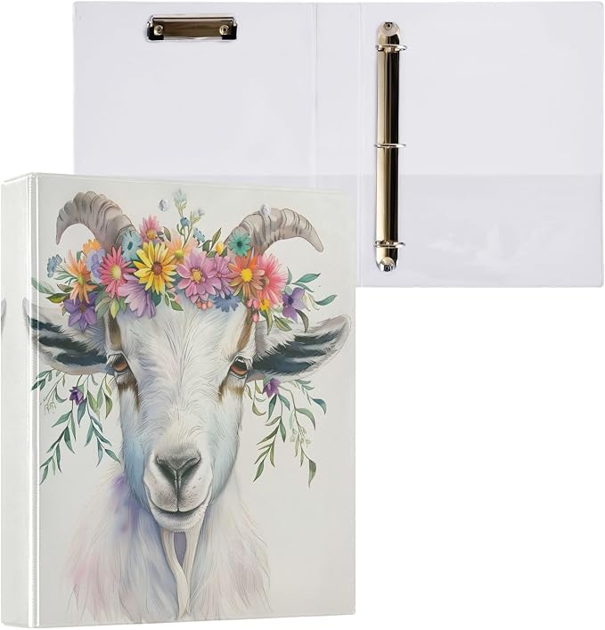 JIPONI 3 Ring Binder Watercolor Goat 1 Inch Round Binders for Men Women Students, Cute File Organizer for Office Home School