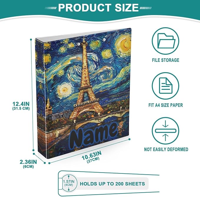 Custom 3 Ring Binder Paris Tower Skyline Night 1.5" Round Ring Binders Personalized Name View Binder with 200 Sheet for Kids School Supplies Women Men Office, 1 Pack