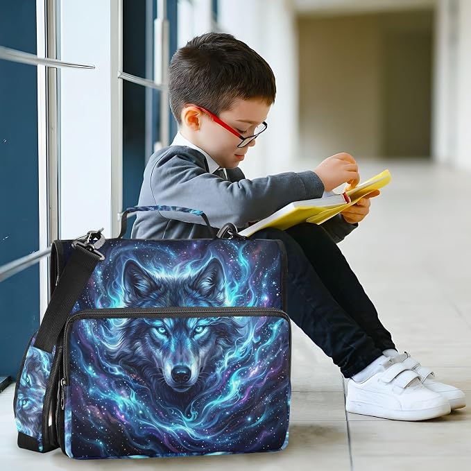 Wolf Space Star Pattern 3 Ring Zipper Binder with Shoulder Strap & Handle 2 Inch D-Ring Zippered Binder Bag with Multiple Pocket & Pencil Pouch, Binder Organizer for School or Office